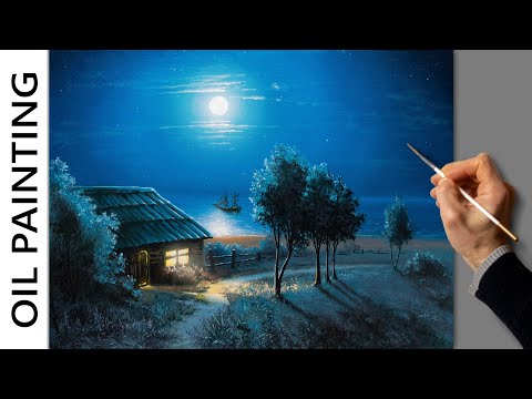 Видео: Oil Painting - Full Moon Landscape / Relaxing Art / Морской пейзаж. Уроки рисования. Живопись маслом