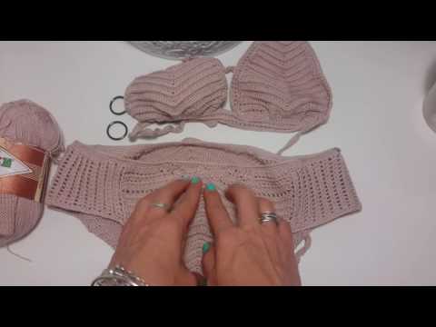 Видео: Вязаный купальник - мой первый опыт работы с пряжей Diva Stretch. Форма лифа - треугольники.