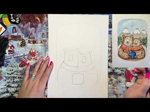 Видео: Открытка с мишками акварелью