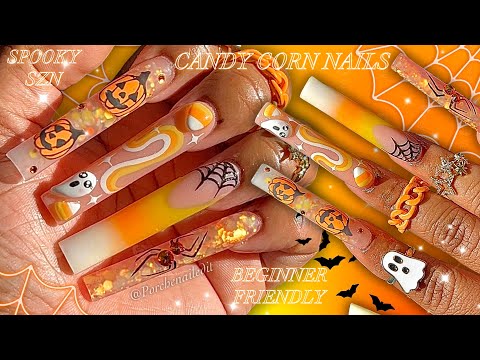 Видео: ✨🎃 Маникюр на Хэллоуин с кукурузой и сладкими конфетами 💛🧡🤍🕷️🕸️ Как нарисовать 3D-привидение 👻 и ...