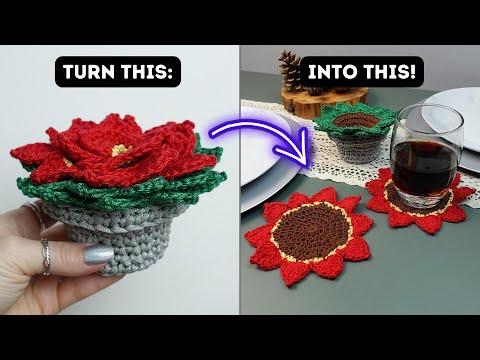 Видео: Как сделать горшок из пуансеттии крючком, который превращается в подставку! | Брунатичность крючком