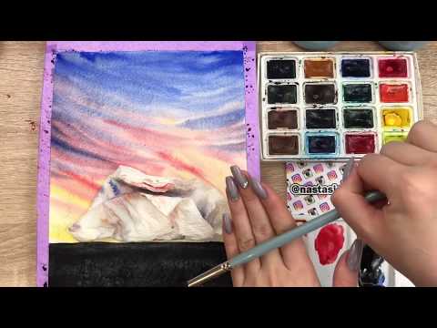 Видео: Пейзаж акварелью. Закат в деревне.