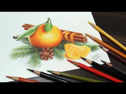 Видео: 🎄 РИСУЕМ НОВОГОДНЮЮ ОТКРЫТКУ 🎁 цветными карандашами (мандарин и ёлка). ТАЙМЛАПС