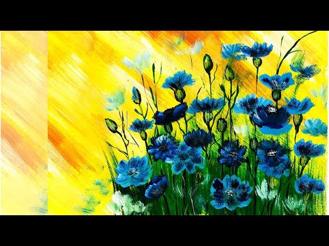 Видео: Как нарисовать васильки. Как нарисовать полевые цветы. Рисуем поле васильков. Рисуем яркий пейзаж.