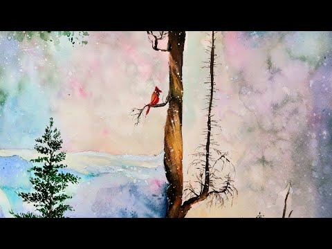 Видео: Как да нарисуваме Зимен пейзаж на дърво и птица с акварел