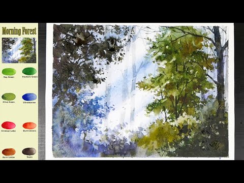 Видео: Без эскиза  Пейзаж Акварель -  Утренний лес  (просмотр смешения цветов)