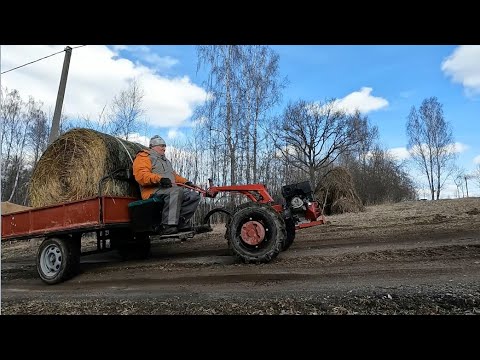 Видео: Мотоблок идет в дальний рейс. Рулон сена.Дрова.