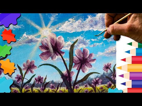 Видео: ЦВЕТЫ НА ФОНЕ НЕБА | Урок рисования акрилом для начинающих | Валерий Рыбаков