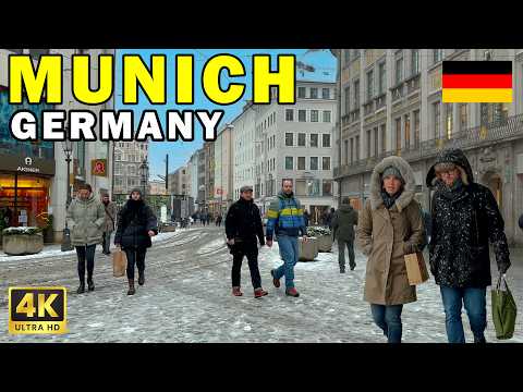 Видео: Мюнхен, Германия 4K Прогулка: Пешая экскурсия по заснеженному городу | HDR 60 к/с