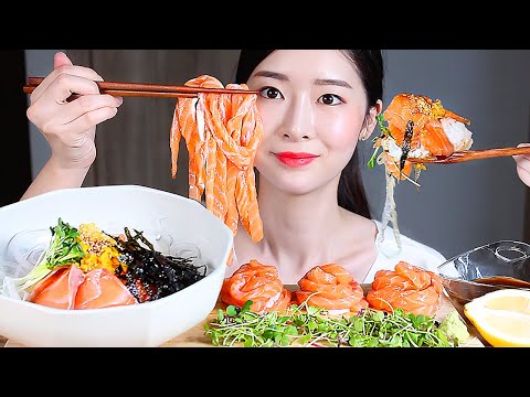 Видео: Лососевая сашими лапша Лососевая рисовая миска ASMR Mukbang Eating Show