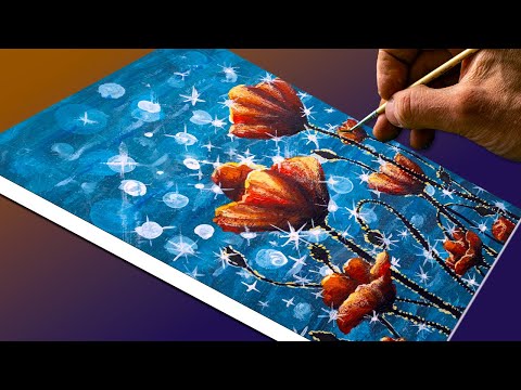 Видео: Красные маки у моря. Полный урок рисования акрилом для начинающих.