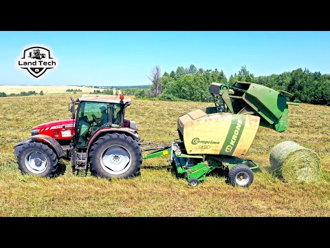 Видео: Заготовка сена в хозяйстве: трактор Massey Ferguson 6713 и пресс-подборщик Krone Comprima F155