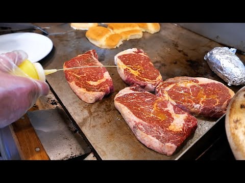 Видео: Американская еда - Бутербро́д со свининой, Стейк из ветчины, Рибай стейк Айова Америка