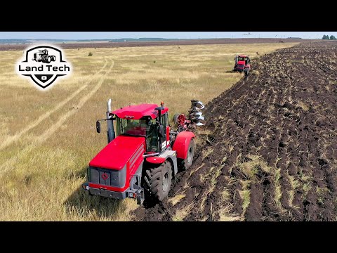 Видео: Два трактора К-424 Кирюша распахивают залежные земли! Тяжелая вспашка оборотным плугом ППО-4+1-40К