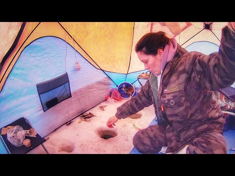 Видео: Зимняя РЫБАЛКА С НОЧЕВКОЙ в палатке. Поплавки ходуном. ДОМ на ЛЬДУ. Russian fishing