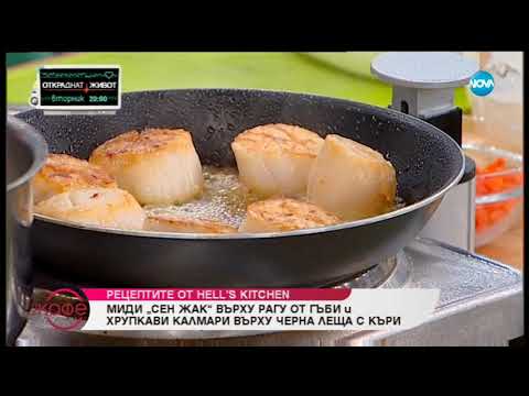 Видео: Рецептата днес: Миди "Сен Жак" върху рагу от гъби и хрупкави калмари върху черна леща с къри