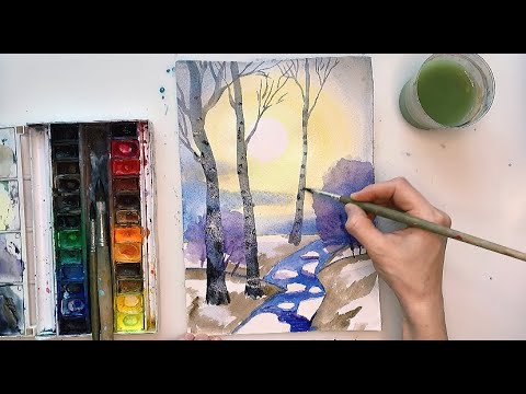 Видео: Весна. Рисуем весенний пейзаж акварелью. Как нарисовать весну и ледоход. Урок рисования. Spring.