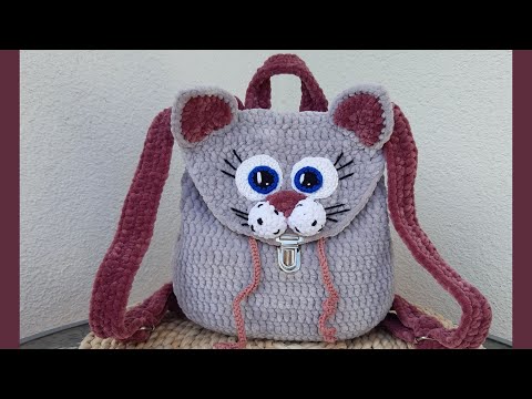 Видео: Вязаный крючком плюшевый рюкзак - кошка с ушками.