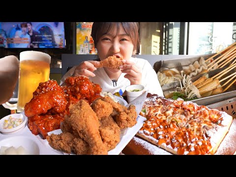 Видео: Мукбанг🍗Жареный цыпленок, курица Яннём, пицца и рыбный суп с пивом🍻 кулинарное шоу ASMR