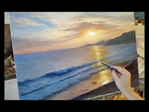 Видео: Как нарисовать морскую волну, закат, небо, облака. Мастер класс для начинающих. Художник онлайн #art
