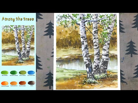 Видео: основной  Пейзажная акварель -  Среди деревьев  (эскиз  смешение цветов)