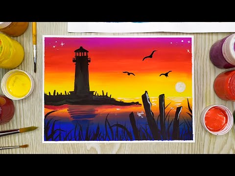 Видео: Как нарисовать закат на море с маяком гуашью. Рисуем гуашью для начинающих