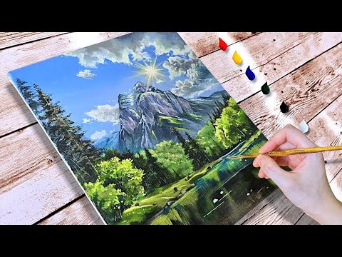 Видео: Как нарисовать утренний лесной пейзаж / Картина акрилом / Рисунок пейзажа