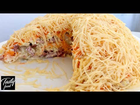 Видео: Очень Нежный Французский Салат! Это Необычно Вкусно! Слоеный Салат с Ветчиной!