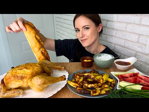 Видео: МУКБАНГ КУРИЦА НА СОЛИ В ДУХОВКЕ КАРТОФЕЛЬ ОВОЩИ СОУСЫ ЧЕСНОЧНЫЙ ХЛЕБ РЕЦЕПТ