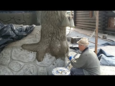 Видео: как  сделать  ГРИБ  и    КОРУ  ДЕРЕВА  из  арт   бетона, оформление  цоколя дома РЫБАКА.
