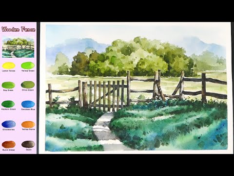 Видео: Без эскиза  Пейзаж Акварель -  Деревянный забор  (просмотр имени цвета,  акварельный материал)