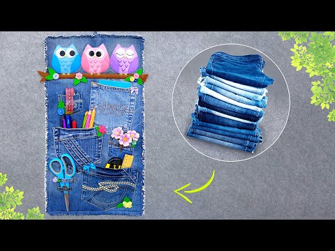 Видео: Настенный органайзер Совушки из старых джинсов 🦉 Добавьте ярких красок в интерьер 👖 Без клея