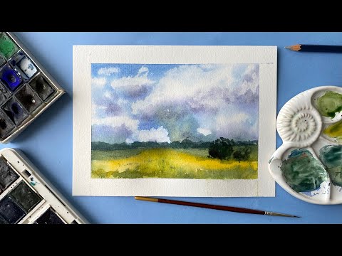 Видео: Как легко нарисовать небо с облаками акварелью. Пейзаж / Painting sky in watercolor
