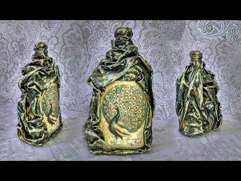 Видео: Бутылка, декорированная тканью. Декупаж