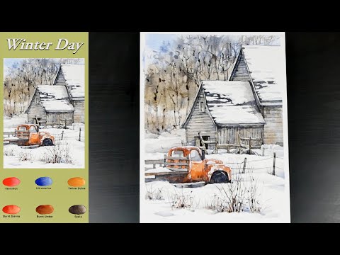 Видео: Пейзаж Акварель -  Зимний день  (эскиз и  вид смешения цветов)