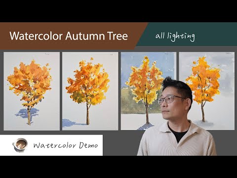 Видео: Как нарисовать акварелью осеннее дерево — все о освещении