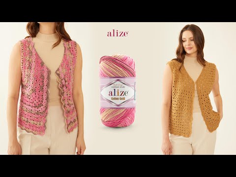 Видео: Жилет из ракушек крючком с хлопком Alize Gold, золото