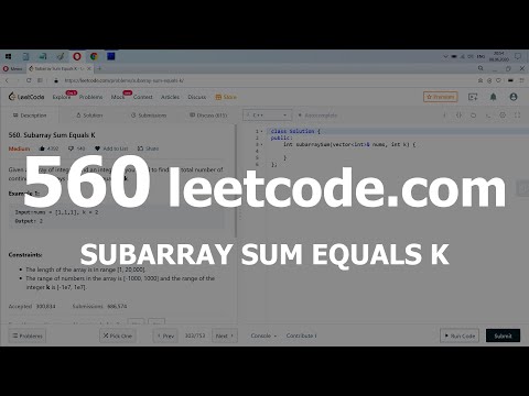 Видео: Разбор задачи 560 leetcode.com Subarray Sum Equals K. Решение на C++