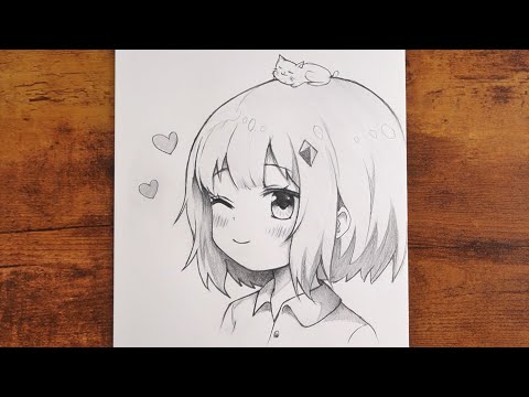 Видео: Милый набросок подмигивающей аниме-девушки с кошкой 🐱 Простой урок