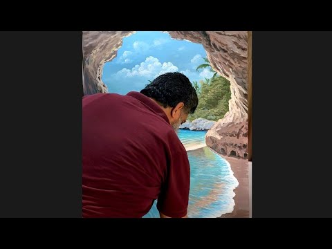 Видео: Профессиональная акриловая живопись, рисую пещеру в море #искусство 👌😲💥
