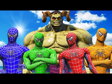 Видео: человек-паук, зеленый человек-паук, синий человек-паук, желтый человек-паук против мстителя Халка
