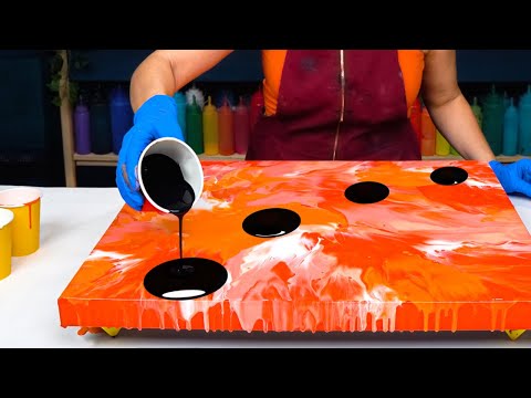 Видео: Счастливые цвета 🧡🖤 Оранжевая основа с черным потоком! Абстрактное искусство акриловой заливки