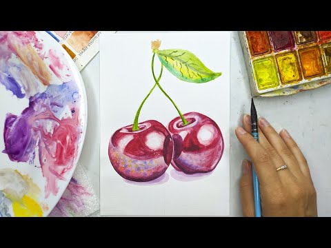 Видео: Как нарисовать вишню акварелью. Акварель для начинающих