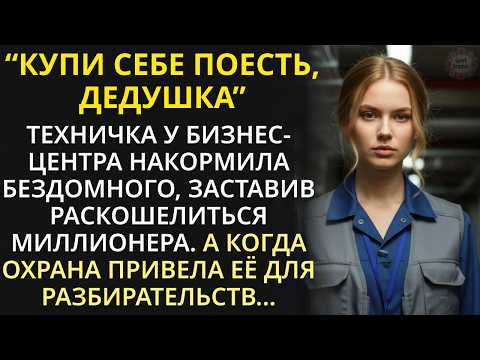 Видео: Техничка накормила бездомного у бизнес-центра. Не ожидала, что богач вступится за неё перед охраной
