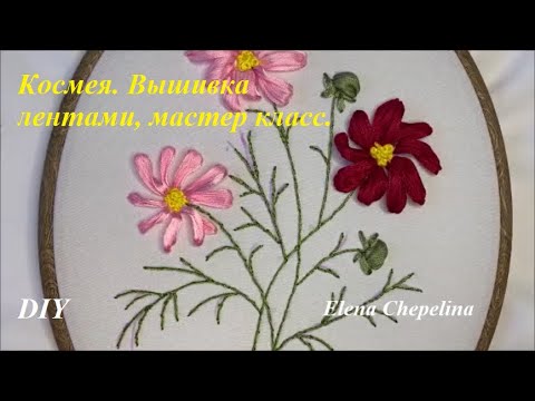 Видео: Космея из ленты. Как вышить космею атласными лентами мастер класс.