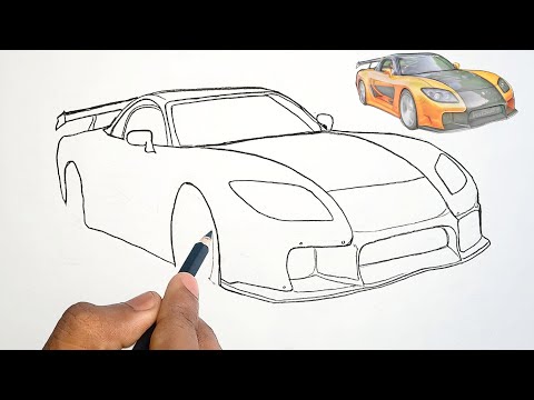 Видео: Рисование автомобиля Mazda RX-7 — легко и пошагово