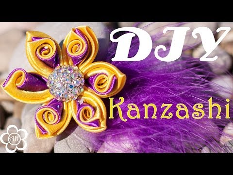 Видео: Цветок Канзаши с Пером МК / Брошь Канзаши / DIY Kanzashi brooch