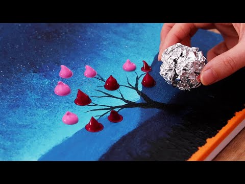 Видео: Рисование дерева алюминиевой фольгой 🌳 | Пошаговая картина акриловыми красками # 289