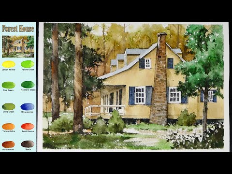 Видео: Пейзаж Акварель -  Лесной Дом  (эскиз и  вид смешения цветов)