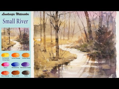 Видео: Без эскиза Пейзажная акварель - Речка (wet-in-wet, Arches rough) NAMIL ART